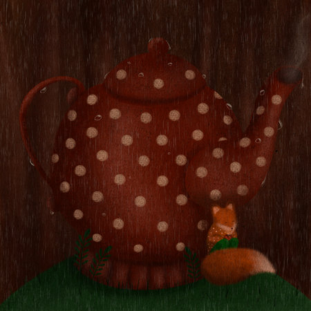 Illustration of a whimsical red teapot with polka dots. Fox seeking shelter rainの写真素材