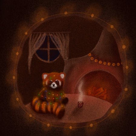 Red Panda amidst Christmas lights. Hand drawn cozy interior with tree, fireplaceの写真素材