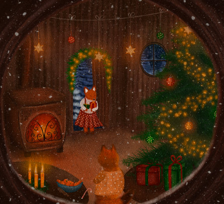 Cartoon animals inside burrow. Cute and cozy animals inside the tree with autumn colors in the background. Fox with Christmas presents. Cozy home illustration, Christmas winter vibes. Art for kids,の写真素材