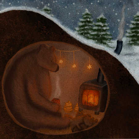 Sleeping bear in the burrow. Brown bear with cubbies sleeping in dens and burrows under winter forest trees and roots. Snow is falling. Bear family hibernating in their cave illustrationの写真素材