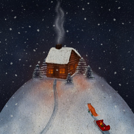 Snowy landscape with trees and a house on top of the mountain. Fox walking with presents to home. Cute house and christmas trees in snow. Festive wreath and red brown house. Snow fall illustrationの写真素材