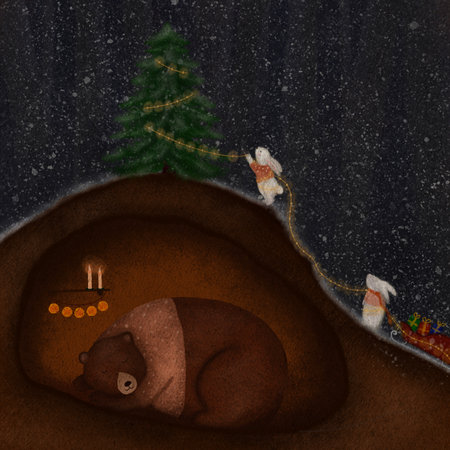 Bear sleeping inside den in woods, two rabbit are decorating Christmas tree.の写真素材