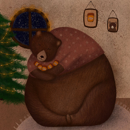 Cute teddy bear at home with honey jars. Happy New Year and Merry Christmas.の写真素材