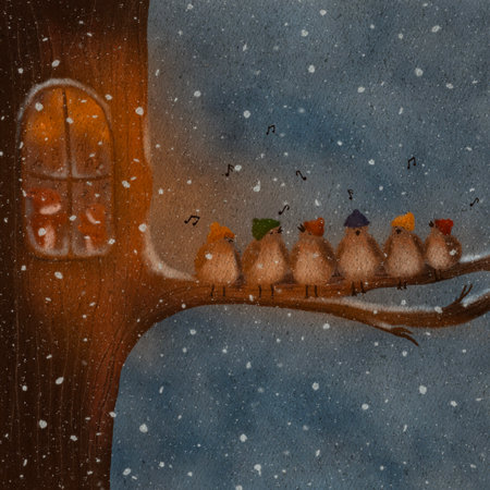Illustration of Birds Singing perched on a branch of a tree, Winter cozy atmosphere. Set of cute singing birds sitting on a branch. Two foxes in a tree and dancing. Cozy scene with winter snow.の写真素材