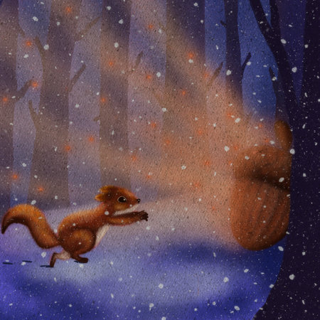 Squirrel going after a nut. Walnut glowing in winter forest illustration. Happy squirrel reaching the nut. Wallpaper illustration for children with Autumn nature and wild woods.の写真素材
