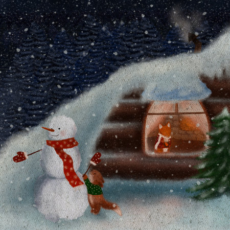 Family making snowman. Little fox baby making a snowmand while mother fox is sitting at home and watching. Drinking tea. Winter holidays illustration. Outdoor activity, winter concept illustrationの写真素材