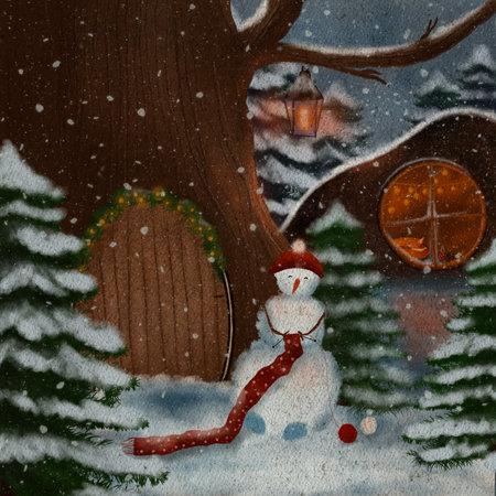 Snowman infront of cozy home and knitting a scarf to herself illustration while fox is sitting at home and watching. Winter holidays illustration. Outdoor activity, winter concept illustrationの写真素材