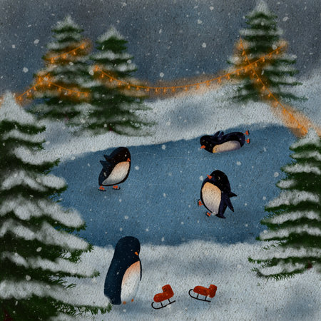 Penguin in winter activities. Little cute cartoon penguins characters playing on ice. Penguin ice skating outdoor. Sport and leisure concept illustration. Illustration of winter penguin animalの写真素材