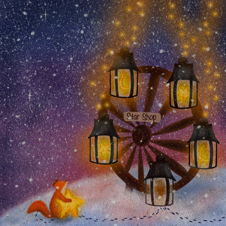 Cute red fox collecting stars. Star shop with winter landscape illustration. Sweet dreams hand drawn fantasy poster. Collecting magical moments. Cozy winter illustrationの写真素材