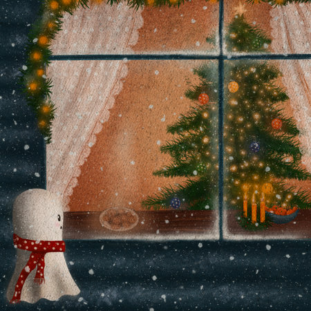 Christmas eve scene with a ghost looking through window. Cookies are warm on window illustration. View through the window into the living room with a Christmas tree. Xmas decor and lightsの写真素材