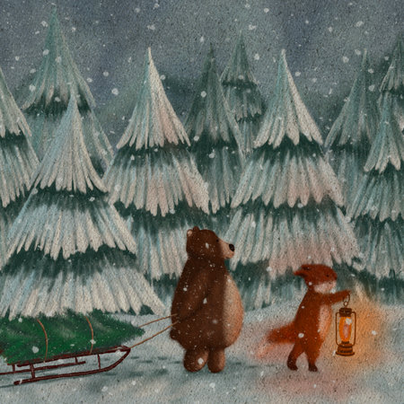 Brown bear and a red fox bringing home a fresh cut Christmas tree as they walk through the snowy countryside. Fresh snow is falling from the sky. Cozy winter Christmas illustration. Art for childrenの写真素材