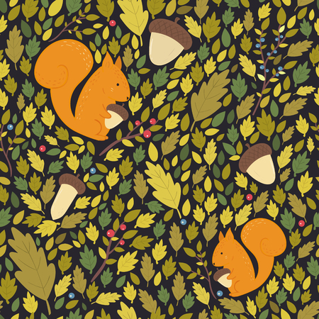 Seamless forest pattern with leaves, berries, acorns and squirrels. Dark background.のイラスト素材