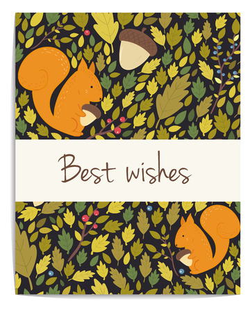 forest card with acorns, leaves and squirrel. Best wishes. Dark backgroundのイラスト素材