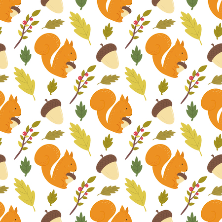 Seamless forest pattern with leaves, berries, acorns and squirrels. Light background.のイラスト素材