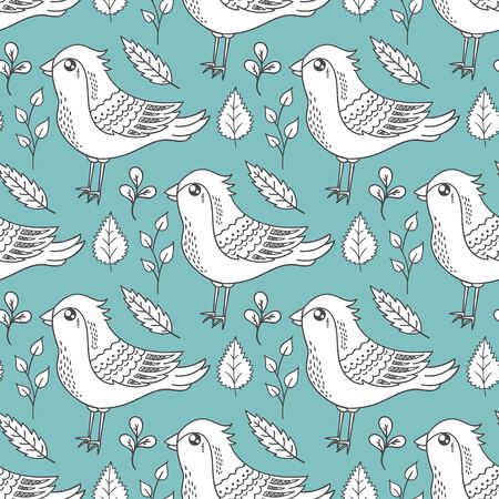 seamless pattern with birds and leaves. Doodle illustration.のイラスト素材