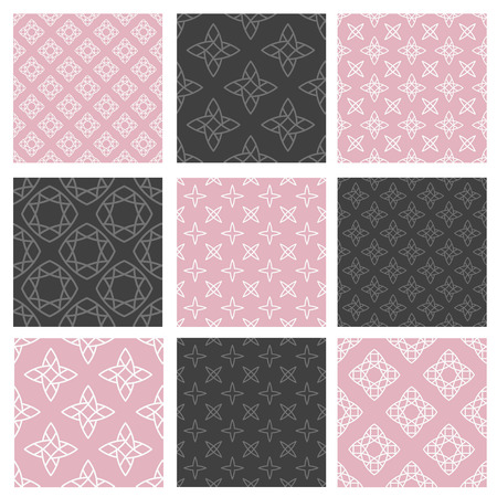 Set of nine vector seamless patterns in trendy linear style. Minimal vintage texture. Decorative background for cards or invitationsのイラスト素材