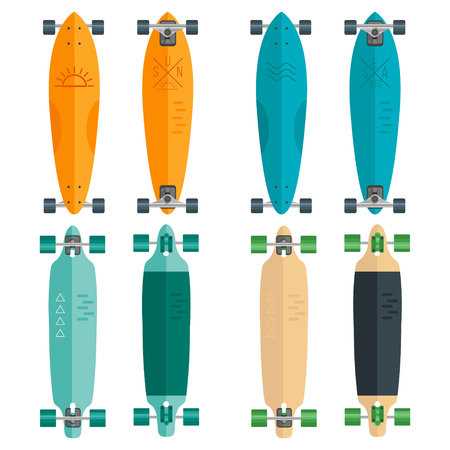 Vector set of longboards. Illustration of flat longboards isolated on white background. Flat colorful longboards.のイラスト素材