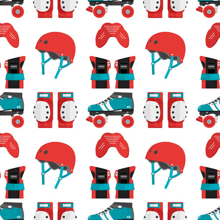 Vector seamless pattern with roller derby protective gear. Skating pattern with helmet, knee pads, mouthguard, wrist guard and quad roller skate. Skating flat background. Roller skating wallpaperのイラスト素材