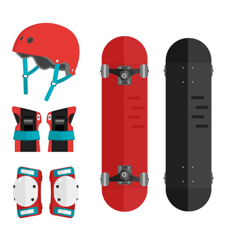 Vector set of roller skating and skateboarding protective gear. Skating protective gear icons. Flat skateboard illustration. Wrist guards, helmet, knee pads, elbow pads. Skateboard and protective.のイラスト素材