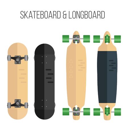 Vector illustration of skateboard and longboard. Illustration of flat skateboard and longboard isolated on white background.のイラスト素材