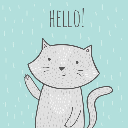 Cute hand drawn doodle card with a cat that says hello. Cute vector illustration witn grey cat for invitations, brochures, birthday cards. Cartoon cat illustration in minimalistic style.のイラスト素材