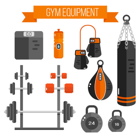 Vector illustration of gym equipment. Flat style set with fitness gear. Sport elements- boxing bag, dumbbell, barbellのイラスト素材