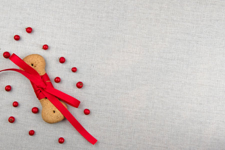 Dog biscuit tied with red ribbon and berries