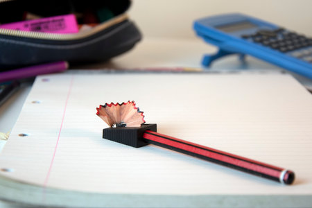 Child's homeschooling desk with pencil case and pencilの写真素材
