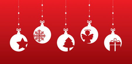 White Christmas baubles on red backgroundのイラスト素材