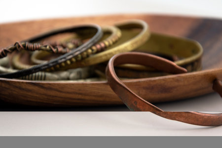 Bowl of assorted handmade bracelets from Namibia, Africaの写真素材