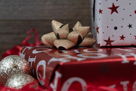 Macro red and white christmas gift