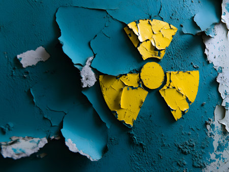 Close up grungy old weathered radioactive sign painted on wall with peeling paint.の素材