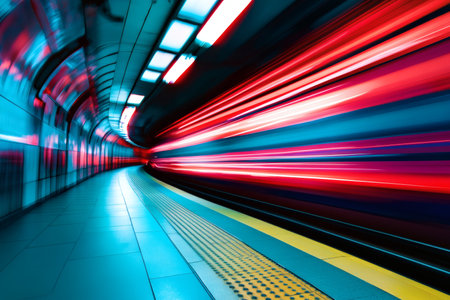 Abstract motion blur of high speed train in tunnel. Concept of speed and movement.の素材