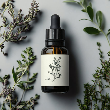 bottle of essential oil with herbs on gray background, top viewの素材