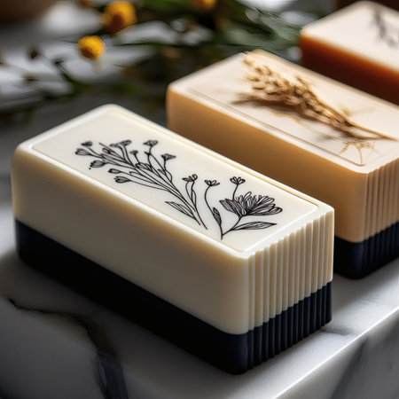 Handmade soap bars with floral pattern background. Selective focus.の素材