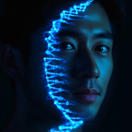 Portrait of young Asian man with glowing DNA strand on his faceの素材