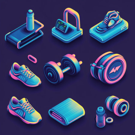 Fitness icons set in isometric 3d style. Vector illustrationの素材