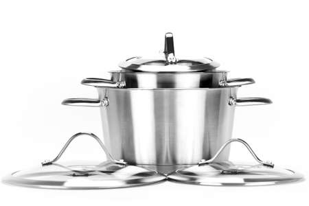 Group of pots isolated on white background. Black and white photo.