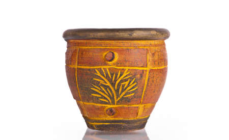 Empty brown flower pot made from wood, isolated on white background.の写真素材