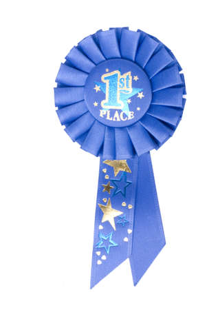A blue ribbon on a white background displaying 1st placeの写真素材