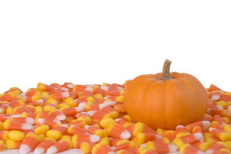 A little pumpkin surrounded by candy corn.の写真素材