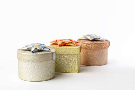 Gift boxes, Christmas presents on white backgroundの写真素材
