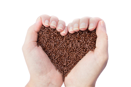Hands holding chocolate prinkles as heart symbol isolated on white backgroundの写真素材