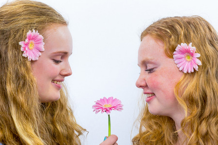 Two long haired dutch teenage sisters with pink flowers isolated on white backgroundの写真素材