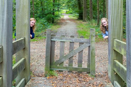 Two caucasian teenage girls hiding at wooden entry of hiking trail in natureの写真素材