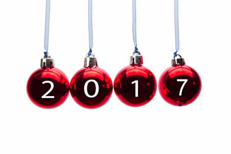 Four red Christmas balls with New Year 2017の写真素材