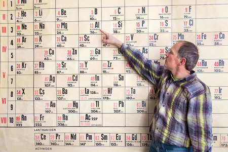 Chemistry teacher points at periodic table on wall chart hanging in high schoolの写真素材