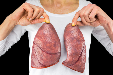 Human person holds two lung models in front of white chest isolated on black backgroundの写真素材
