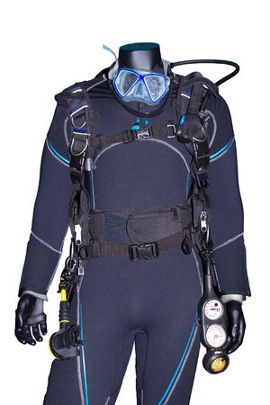 Mannequin wearing diving equipment with diving suit isolated on white backgroundの写真素材