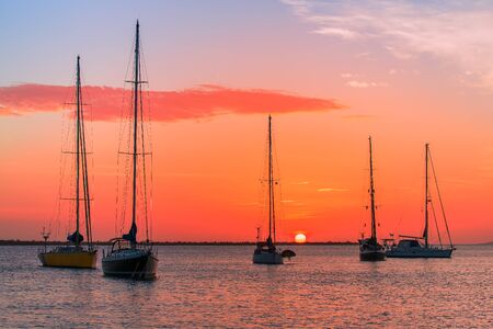 Group of five sailboats together on sea at setting sun